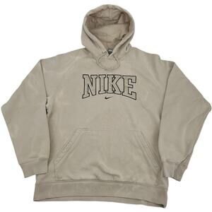 VTG y2k Men's Nike Block Letter Cream Brown Center Swoosh Hoodie Sweatshirt sz L